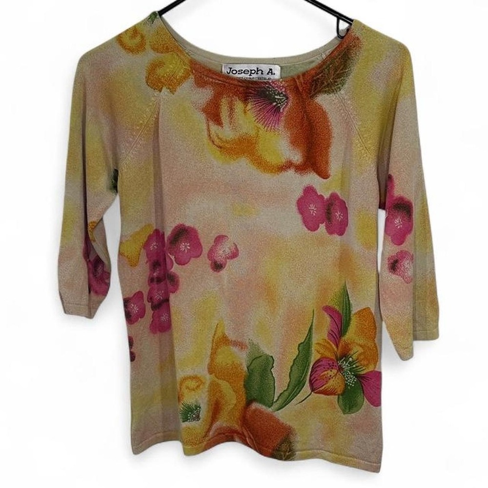 Vintage Silk Blend Floral 3/4 Sleeve Top with Pink and Orange Accents - Size XL